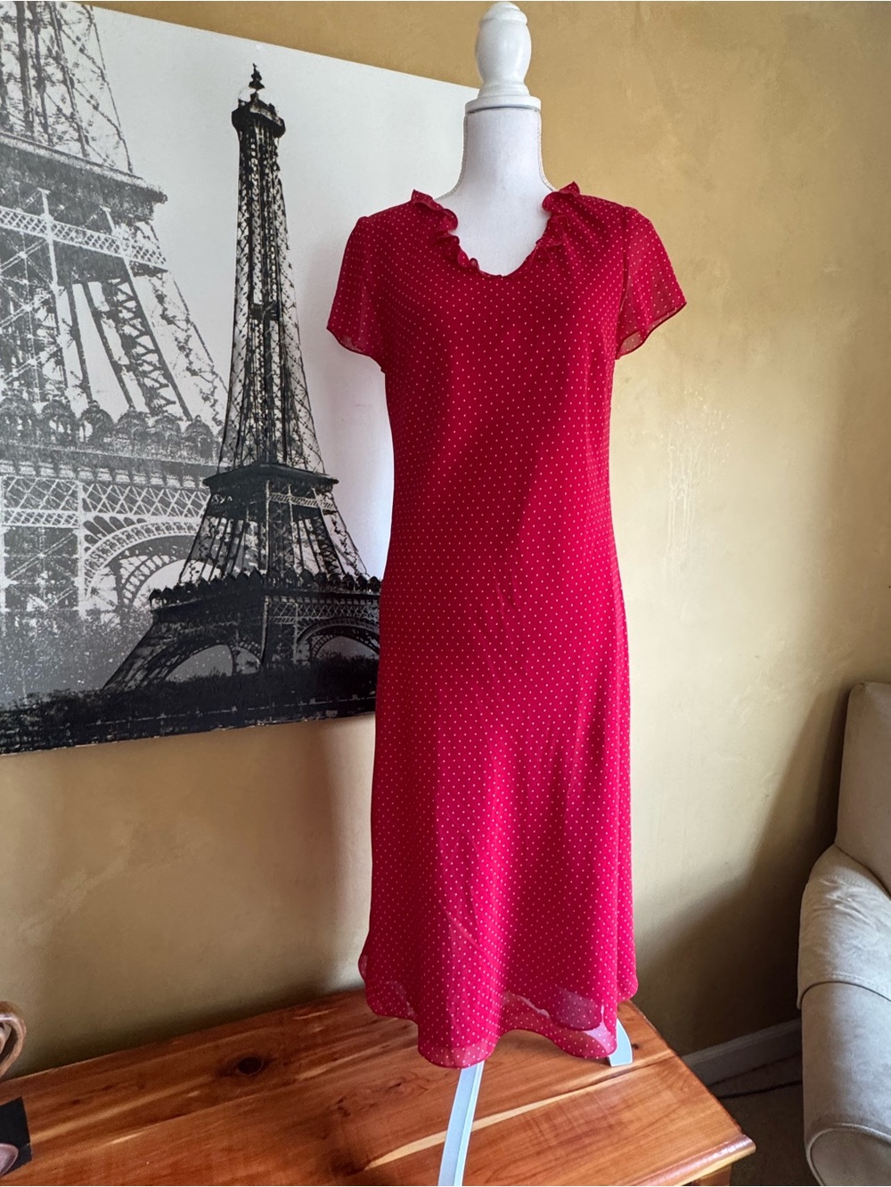 Talbots Red Polka Midi Dress with Ruffle Neck